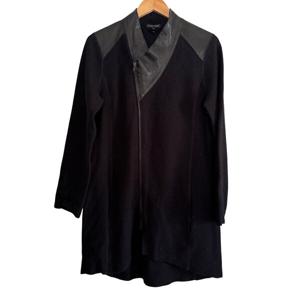 EILEEN FISHER Black Merino Wool and Leather Minimalist Asymmetrical Coat Medium - Picture 1 of 9